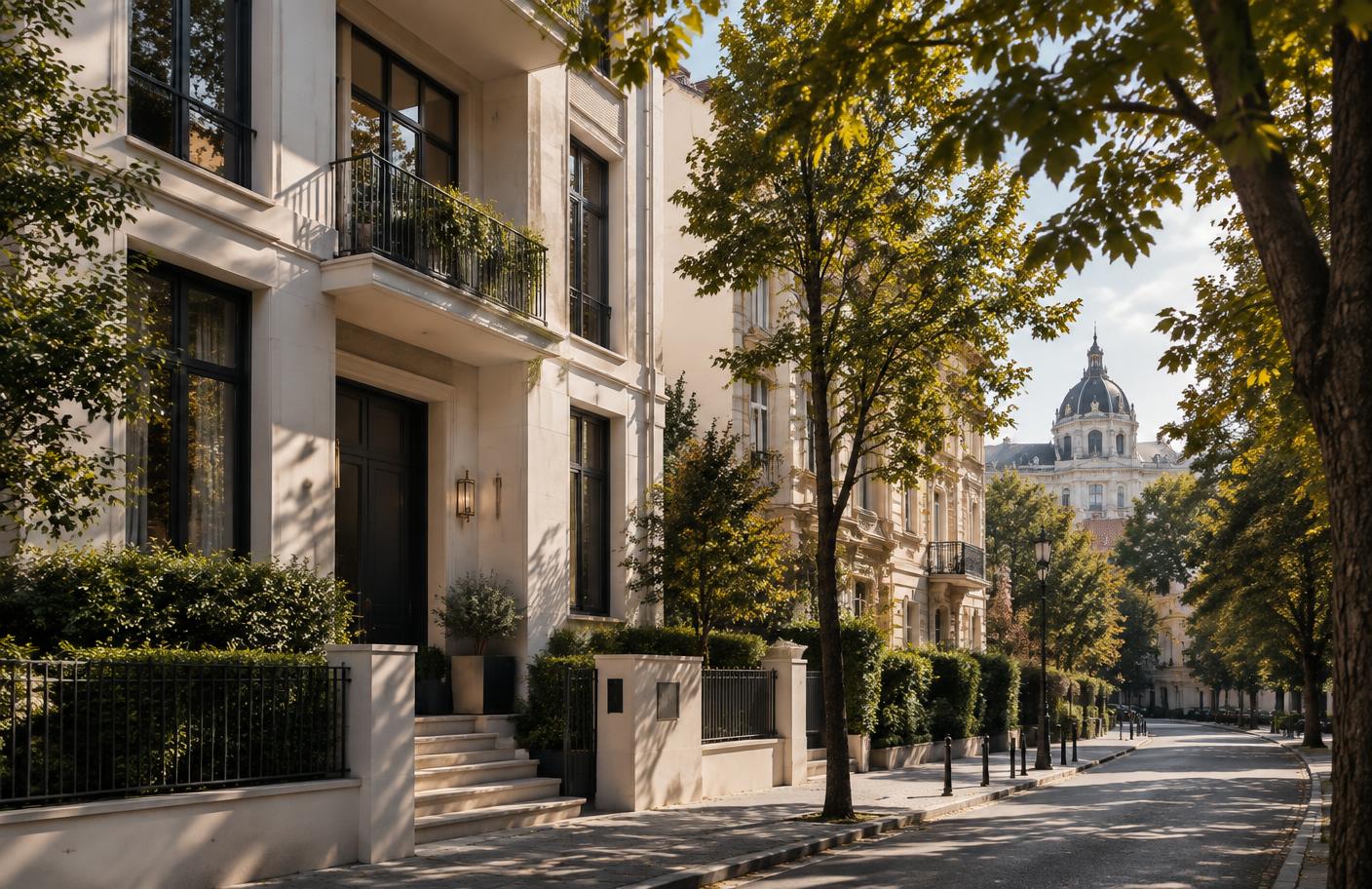 Stradă rezidențială cu arhitectură contemporană și arbori